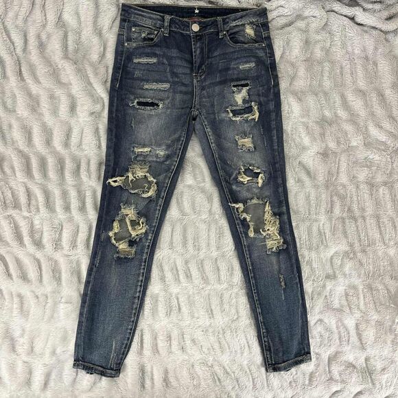 Almost Famous Jeans Women 9 Distressed Mid Rise Skinny Dark Wash Ripped Denim - Picture 1 of 11